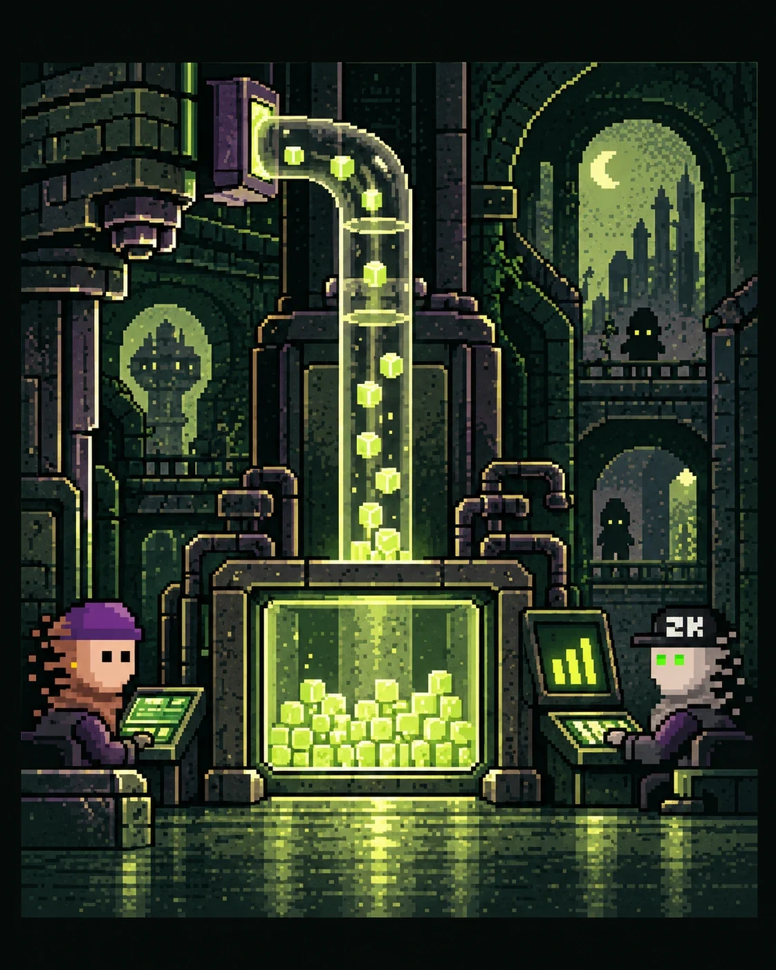 Original illustrative scene: a trading terminal fills an acquisition reservoir, coin by coin.
