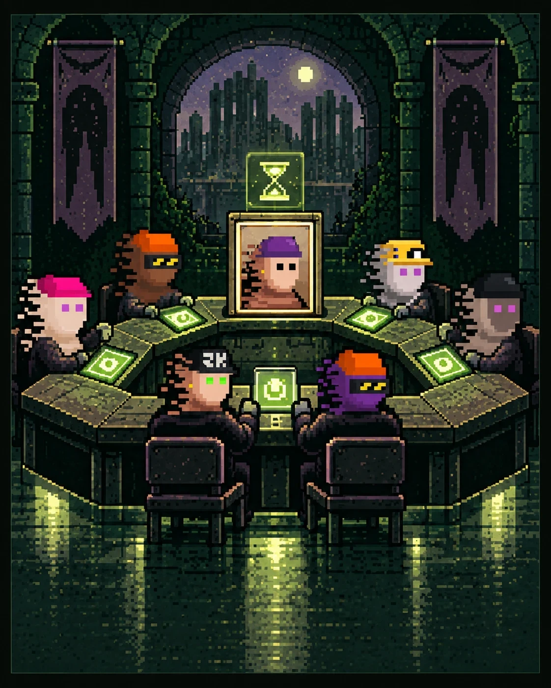 Original illustrative scene: a pixel-art council desk where eligible participants vote on a bounded sale.